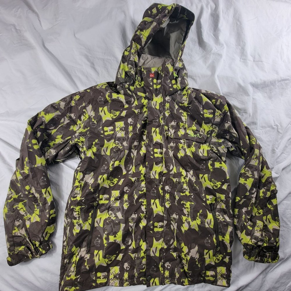 Quiksilver Mens Medium Green Winter Ski Jacket Multi Face All Over Print Vented
